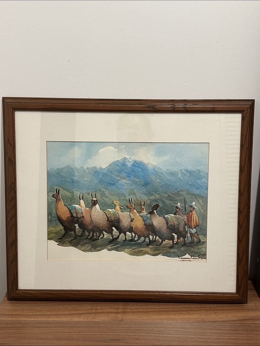 Framed Llama Caravan Watercolor Art Print in Brown Frame